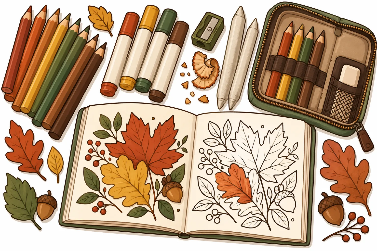 Flat lay of a coloring kit with colored pencils, alcohol markers, a sharpener and a coloring book
