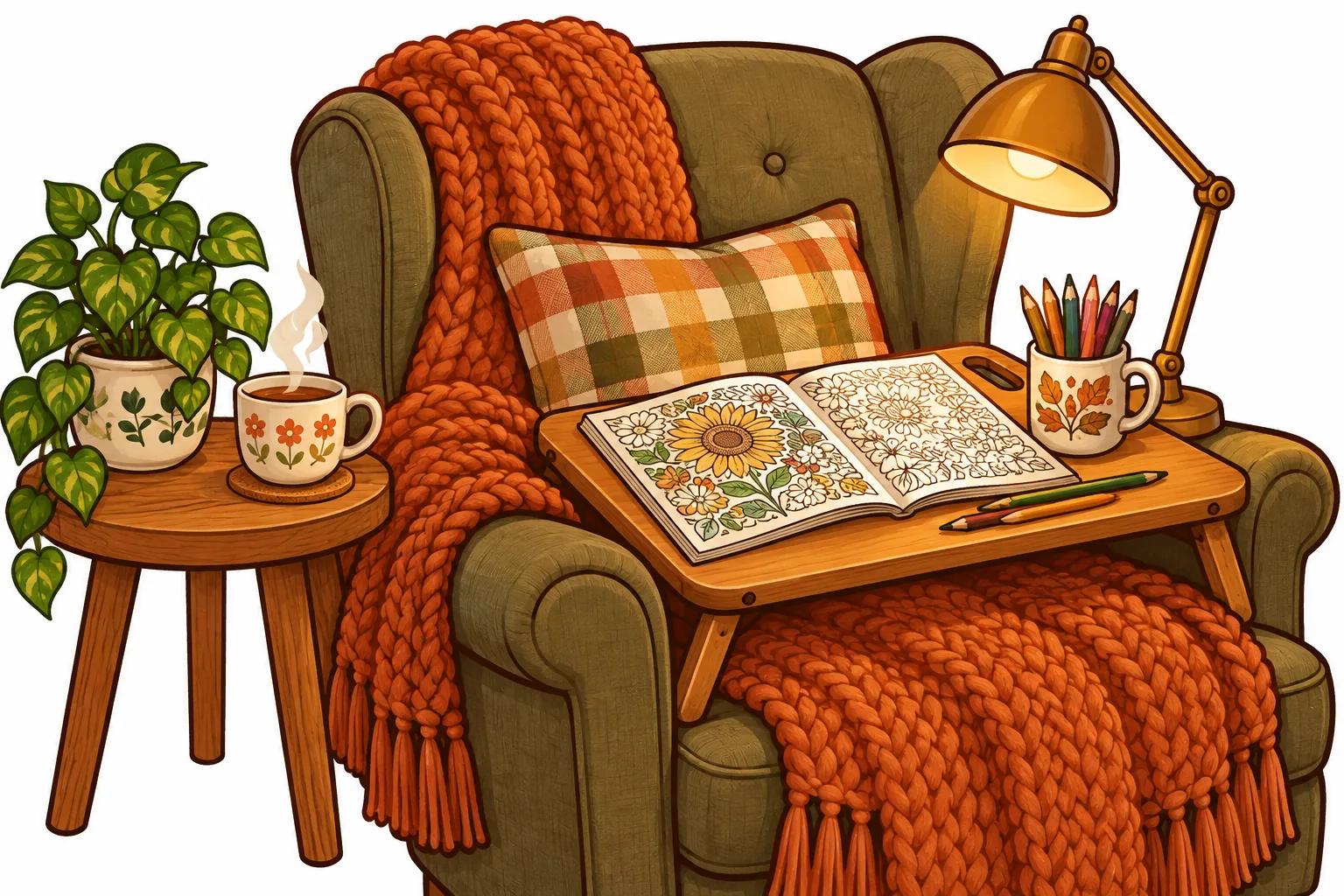 A cozy coloring corner with a green armchair, chunky orange knit throw, lap desk holding an open floral coloring book, pencils in a mug, a warm desk lamp, and a cup of tea beside a potted plant