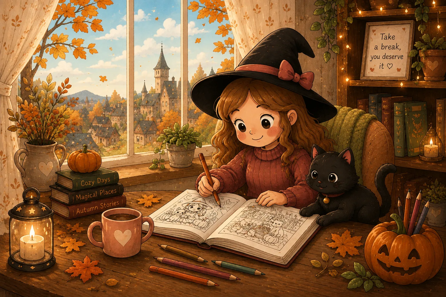 Hazel coloring with Mochi in a cozy autumn room